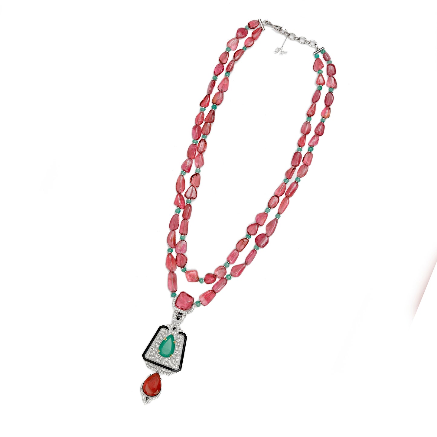 Rubellite Emerald Art Deco Pendant Necklace