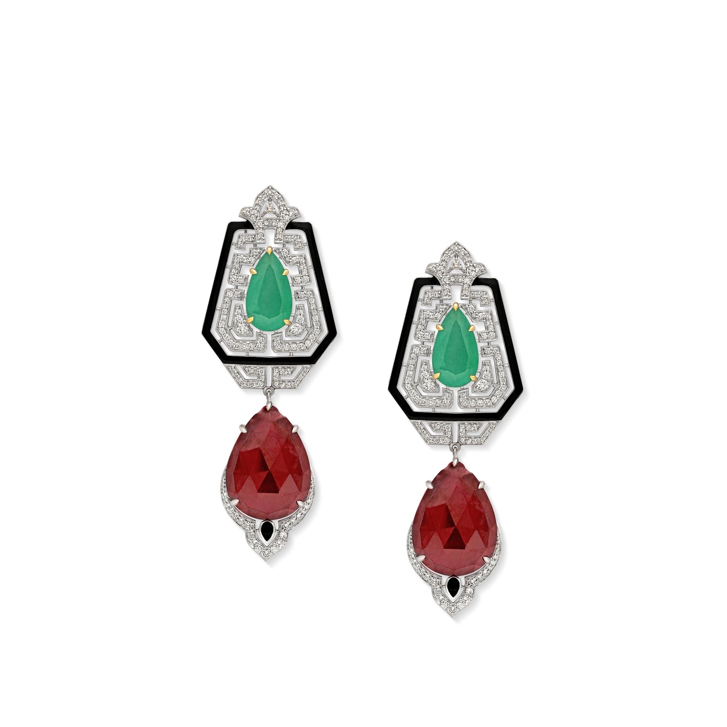 Rubellite Emerald Art Deco Earrings
