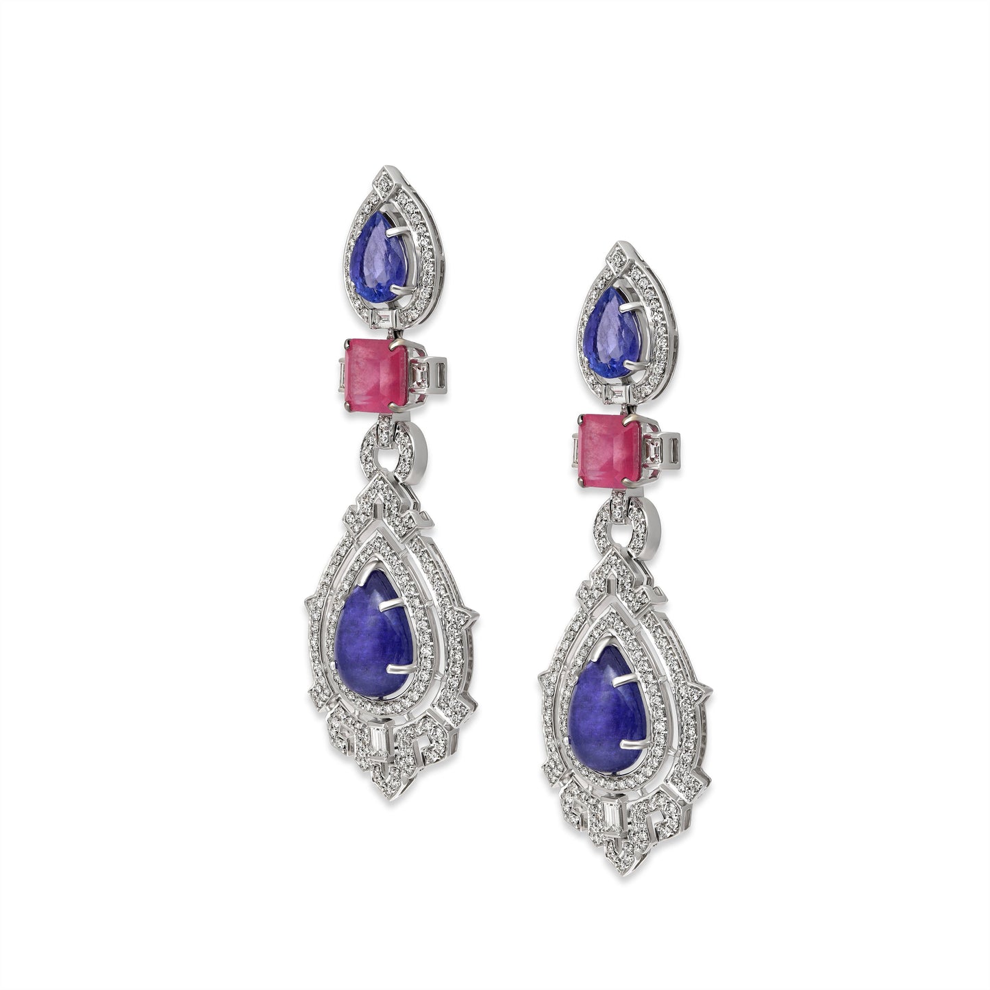 Tanzanite Ruby Art Deco Hanging Earrings