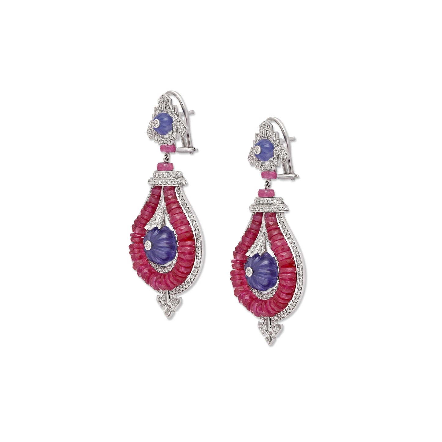 Ruby, Diamond and Tanzanite Greco Art Deco Earrings