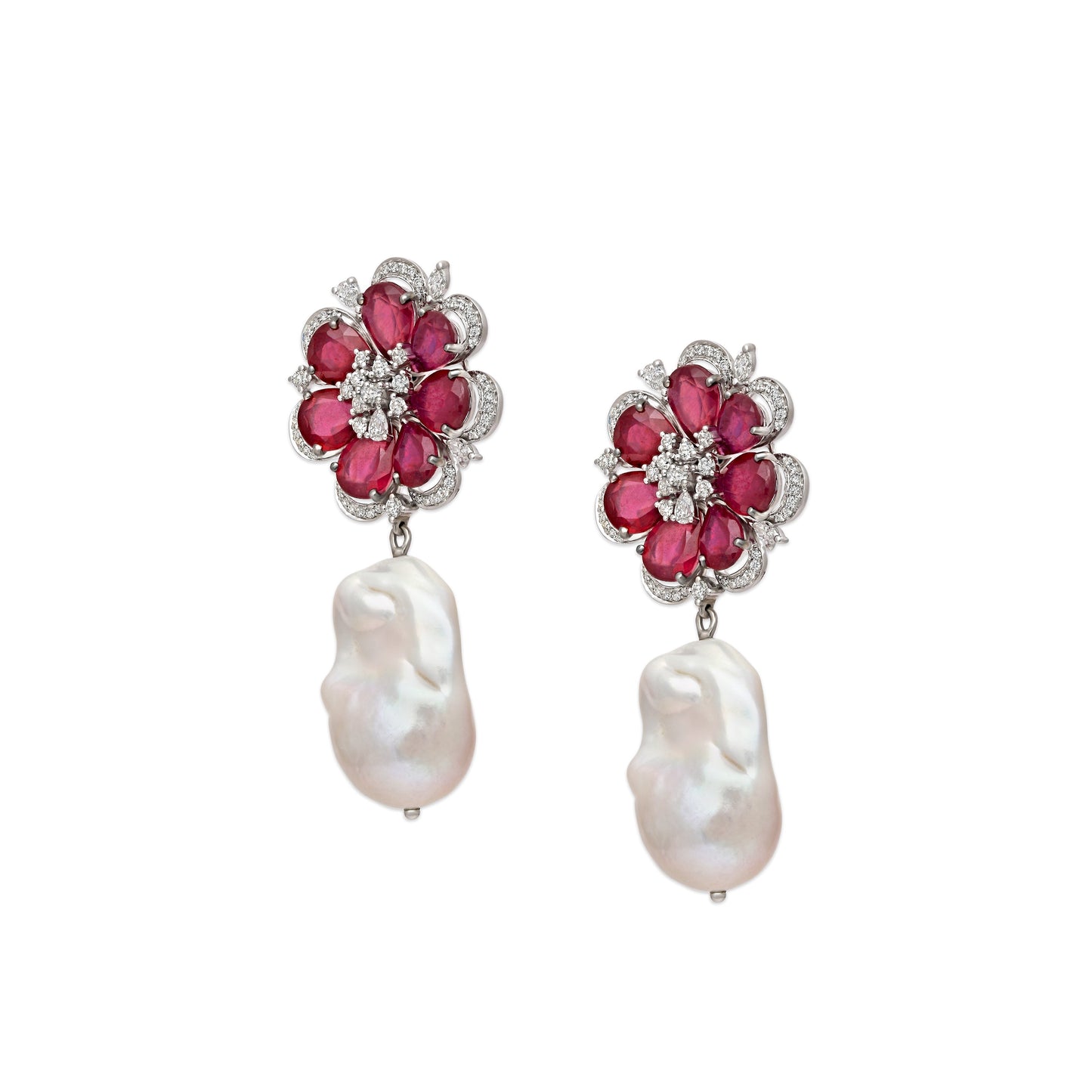 Pearl and Ruby Bloom Earrings