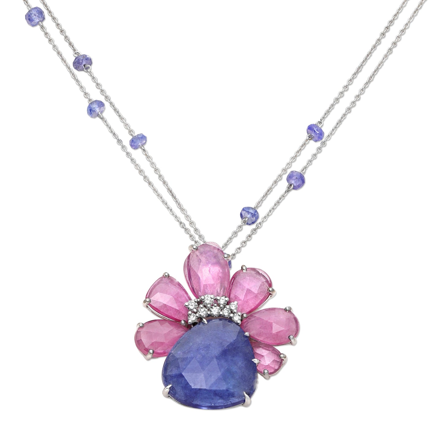 Ruby Diamond and Tanzanite Drop Pendant Necklace