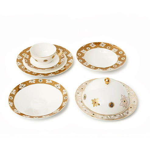Bejewelled - Dinner set of 22 pieces (6 small bowls, 6 side plates, 6 dinner plates, 1 deep plate with lid, 1 deep plate and 1 soup plate)