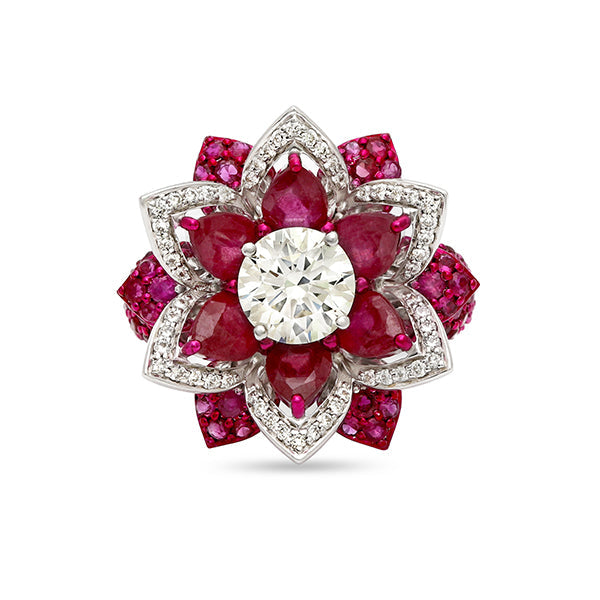 Floral Ruby Diamond Solitaire Ring