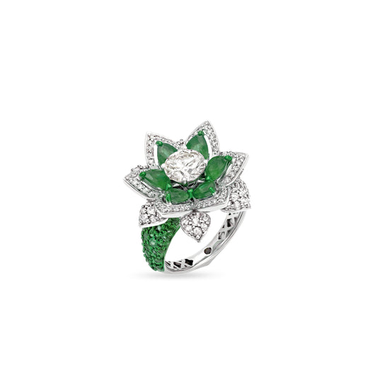 Floral Emerald Diamond Solitaire Ring