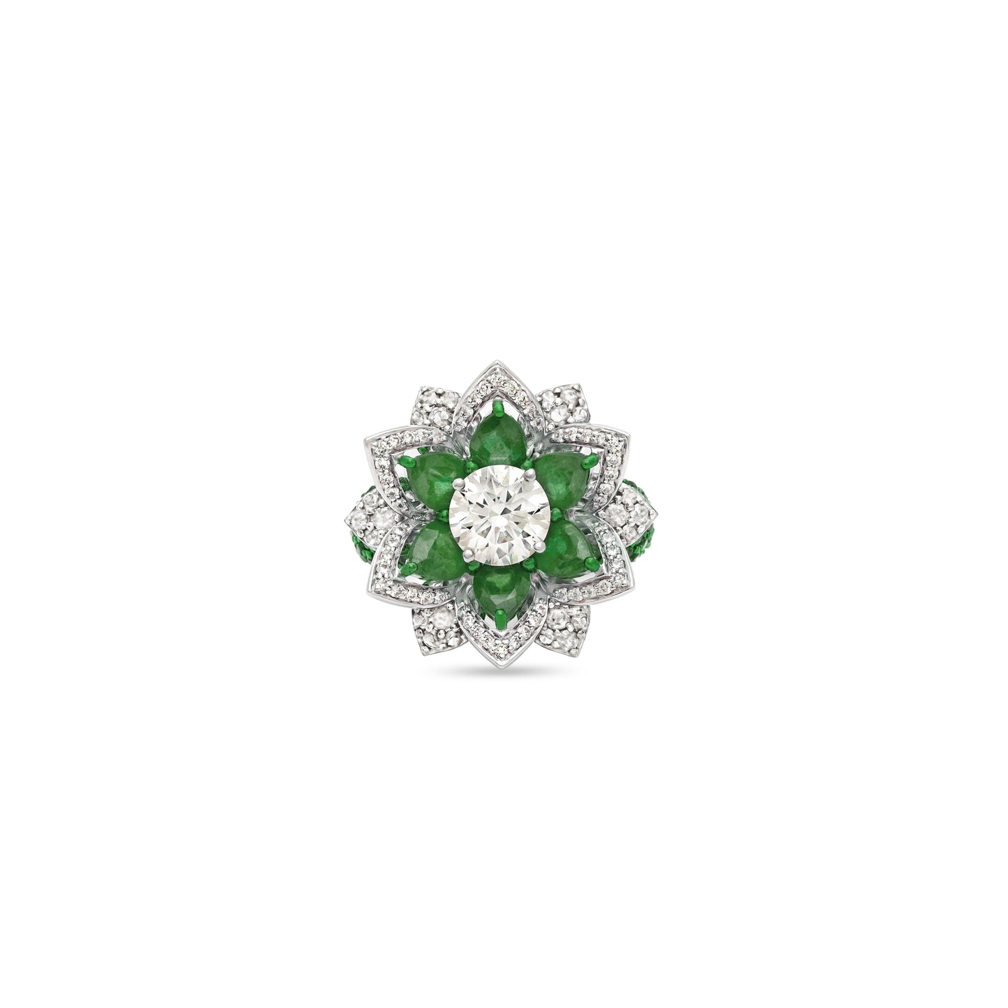 Floral Emerald Diamond Solitaire Ring