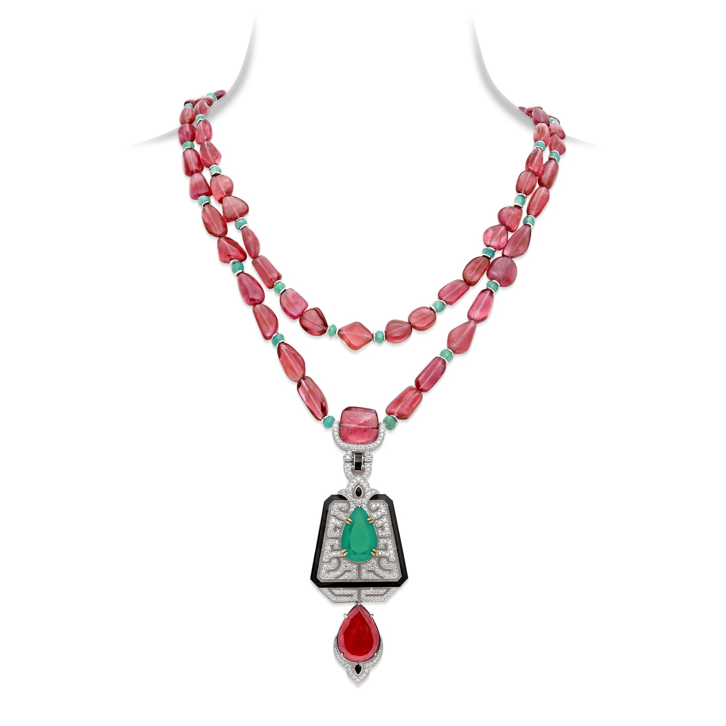 Rubellite Emerald Art Deco Pendant Necklace
