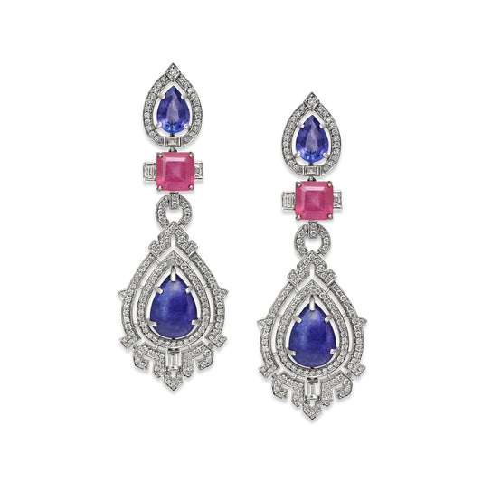 Tanzanite Ruby Art Deco Hanging Earrings