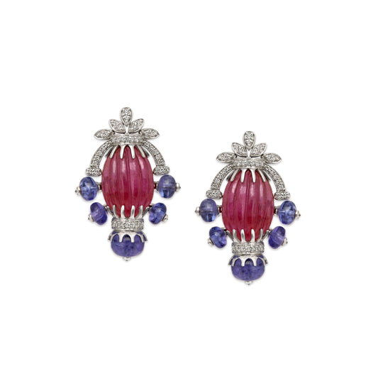 Carved Ruby Tanzanite Bead Earrings