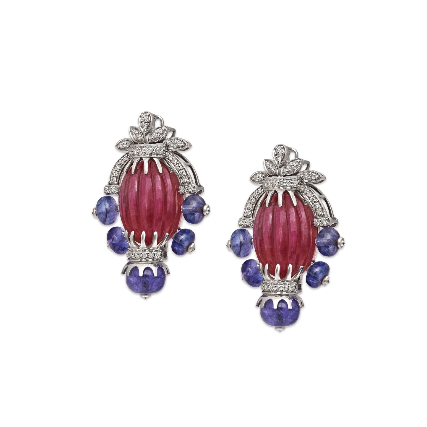 Carved Ruby Tanzanite Bead Earrings