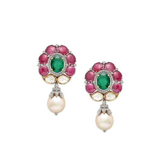 Ruby Emerald & Pearl Earrings