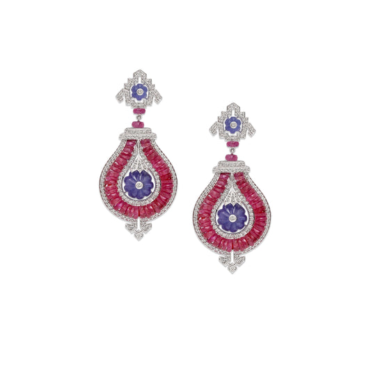Ruby, Diamond and Tanzanite Greco Art Deco Earrings