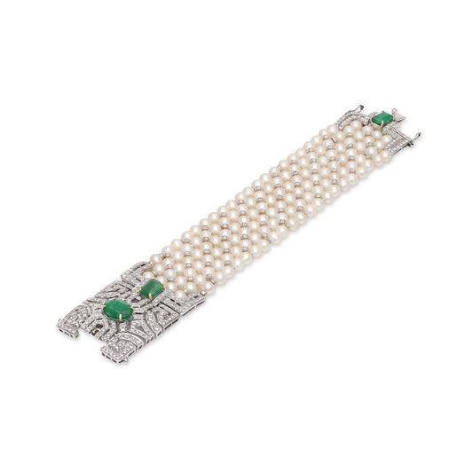 Art Deco Motif Pearl Diamond Bracelet