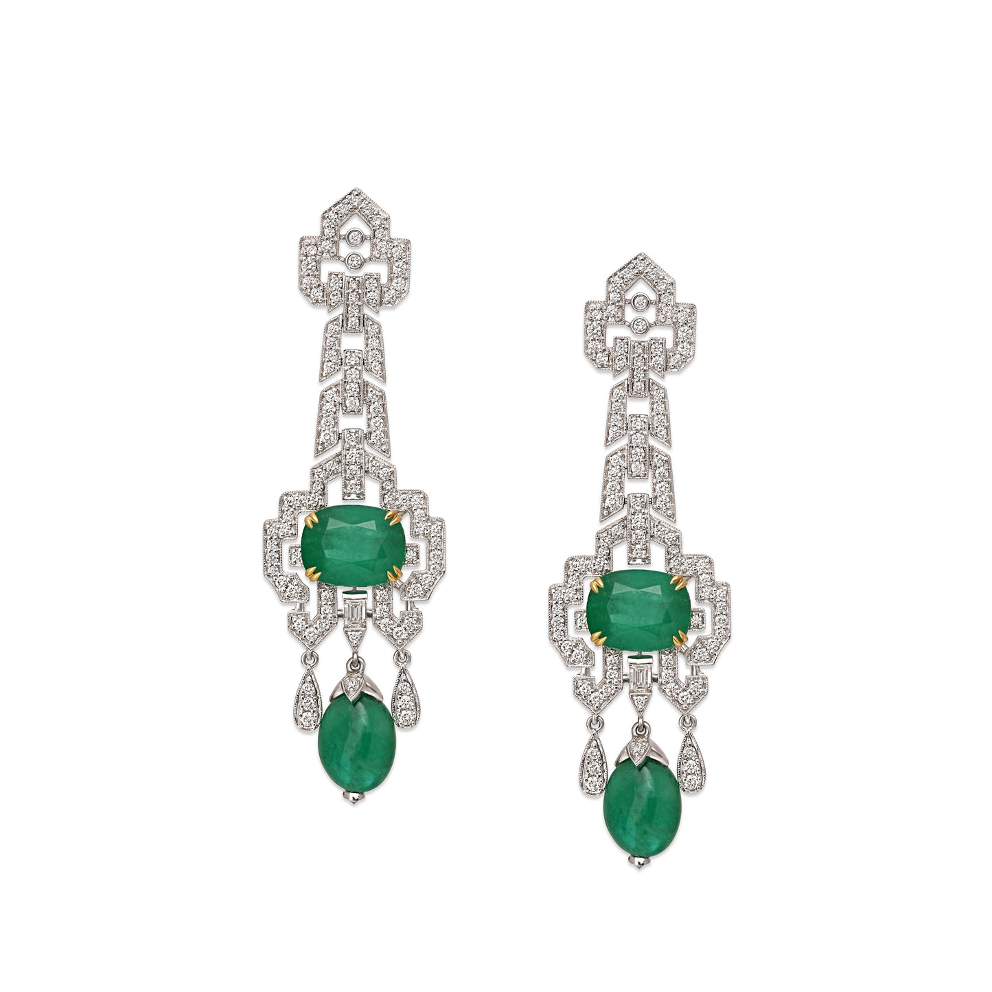 Emerald Diamond Art Deco Hanging Earrings