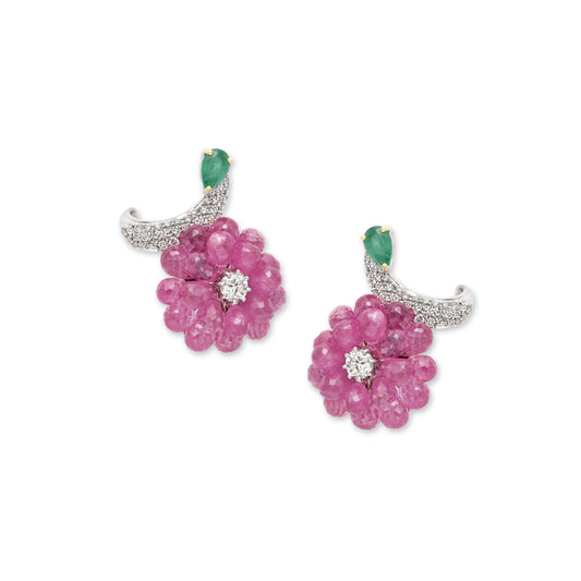 Ruby Emerlad Diamond Bead Stud Earrings