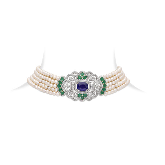 Pearl Tanzanite Emerald Art Deco Choker