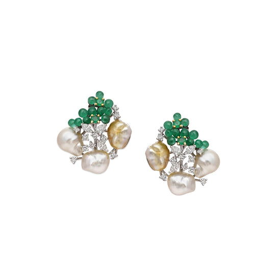 Keshi Pearl and Emerald Cluster Earrings