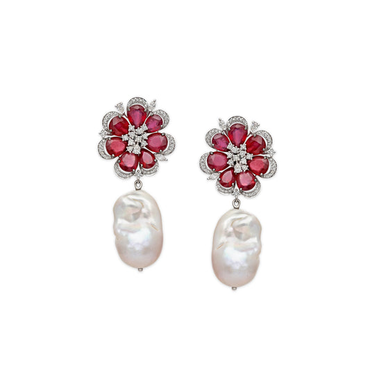 Pearl and Ruby Bloom Earrings