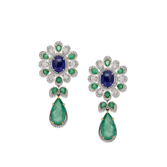 Emerald Tanzanite Floral Drop Earrings