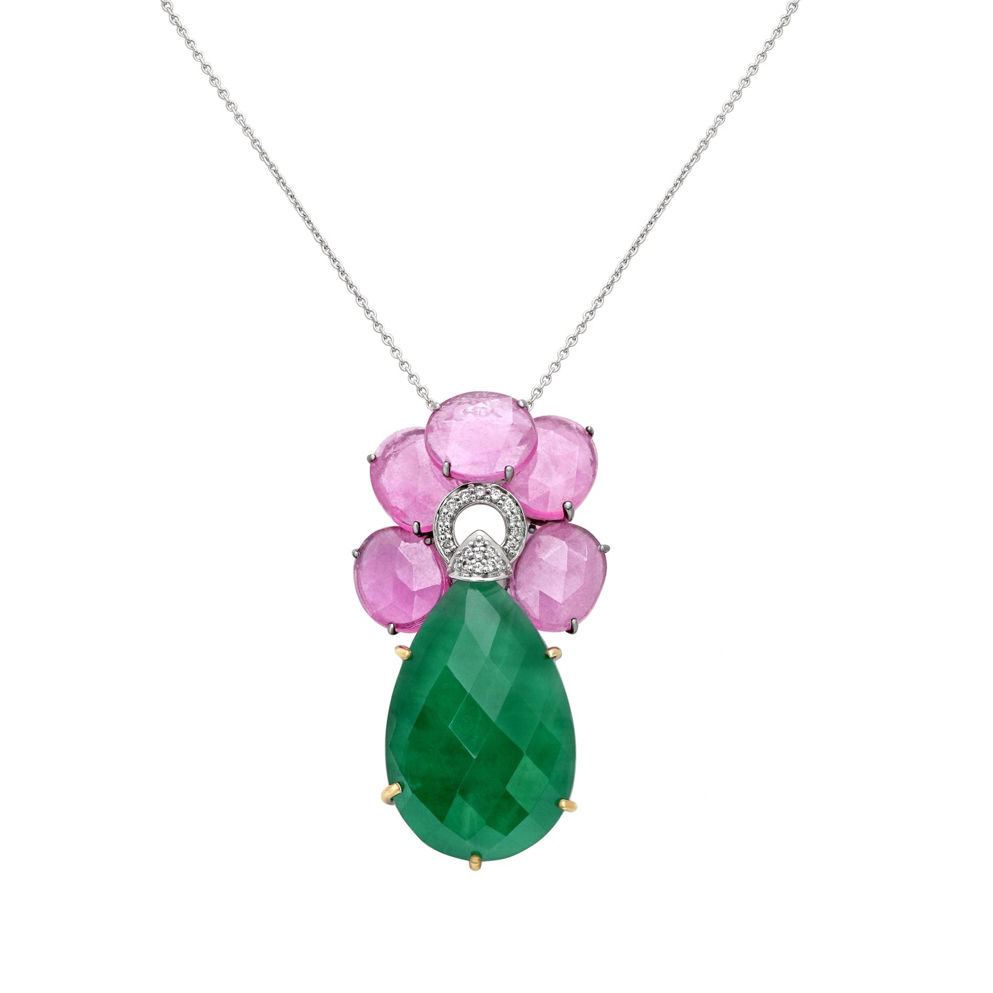 Ruby Diamond and Chalcedony Drop Pendant Necklace