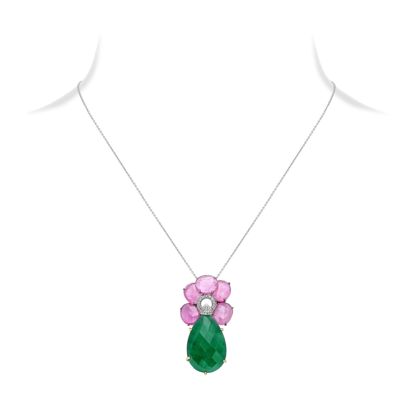 Ruby Diamond and Chalcedony Drop Pendant Necklace