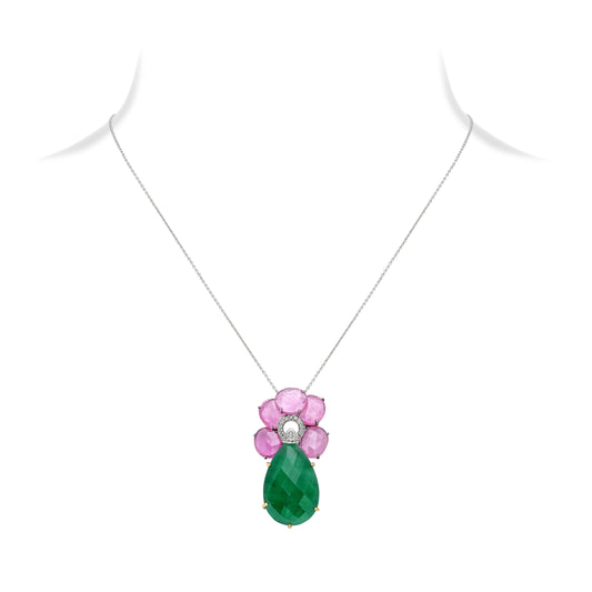 Ruby Diamond and Chalcedony Drop Pendant Necklace