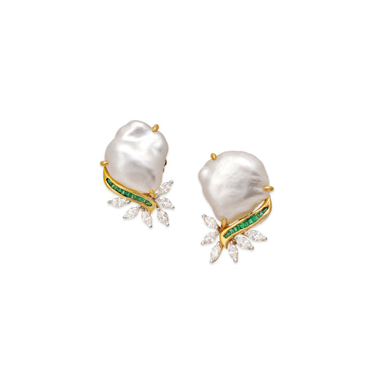 Keshi Pearl and Emerald Earrings