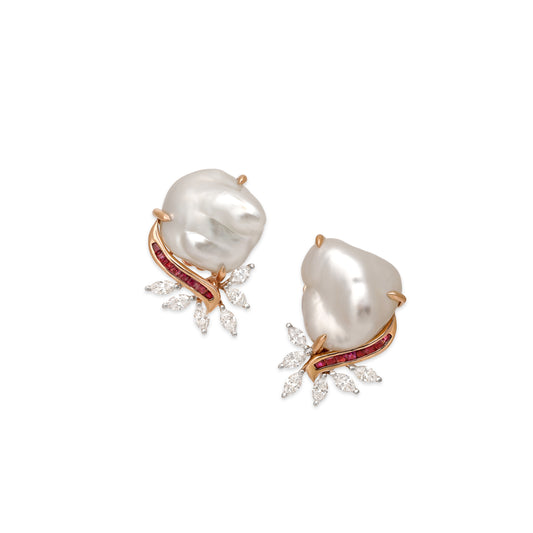 Keshi Pearl and Ruby Earrings