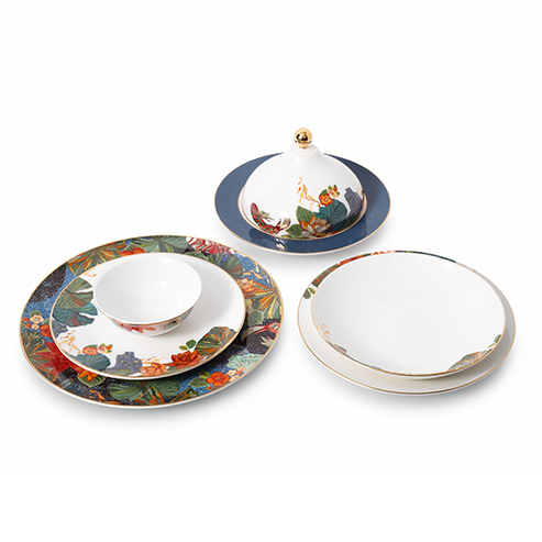 Japanese Pond - Dinner set of 22 pieces (6 small bowls, 6 side plates, 6 dinner plates, 1 serving bowl, 1 serving plate, 1 serving plate with lid)